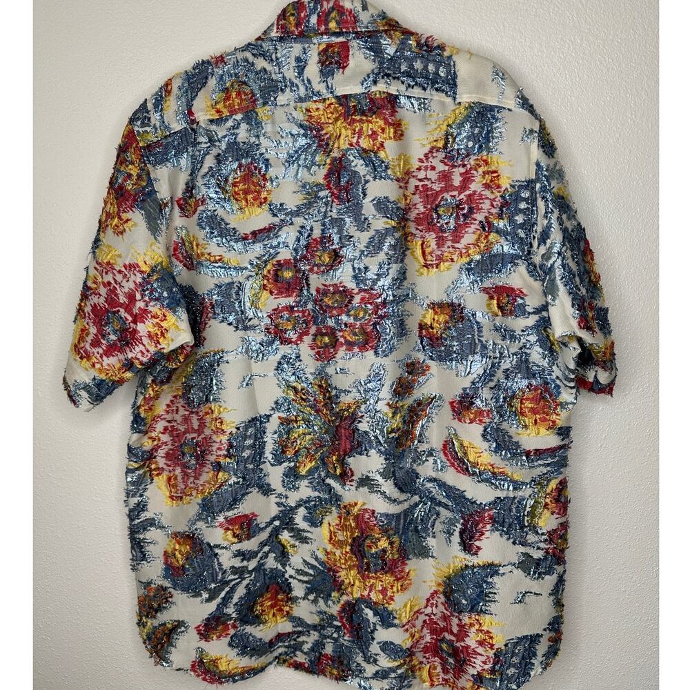 Libertine Cream Red Blue Gold Metallic Embroidered Button  Short Sleeve Shirt L - Picture 9 of 12